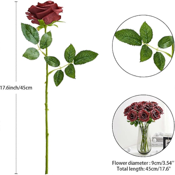 Kunstig Rose 10 stk. Åben Blomsterbuket Falske Rosestængler Falske Silke Blomster (Brændt Orange) Wine Red
