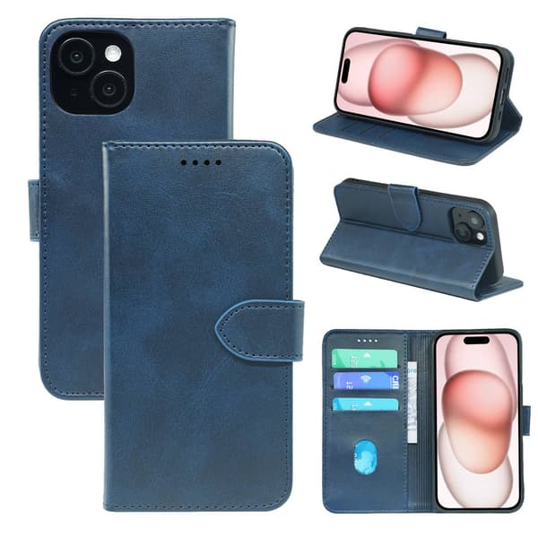 Etui til iPhone iPhone 14 Plus 6.7 blått kalveskinn frontspenne