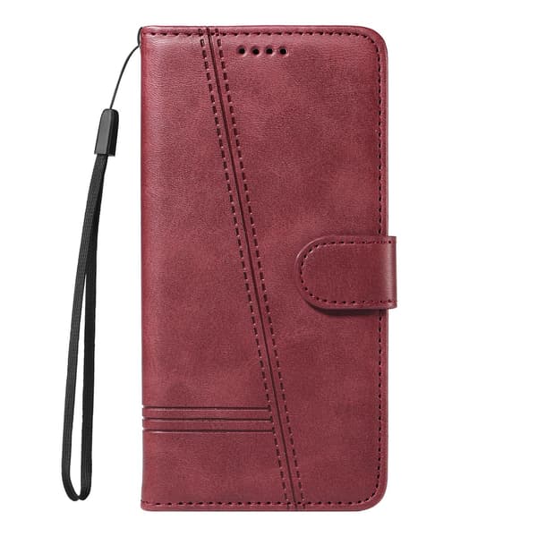 Etui til iPhone 14 Pro Max 6.7 Vinrød Almindelig Kalveskinds Flip Back