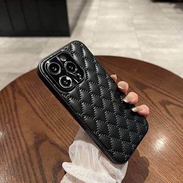 Etui til iPhone 15ProMax sort diamantkornet lædertekstur Full-Body linse