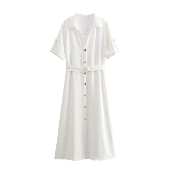 Elegant lapel kortärmad enkelknäppt A-linje kjol Bälte dekorativ skjortklänning White L