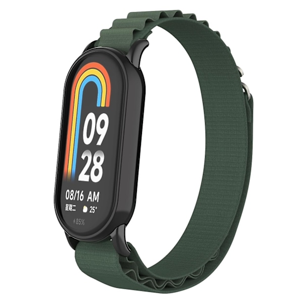 Musta armeijanvihreä metallisoljellinen nylonranneke, yhteensopiva Xiaomi Mi Band 8:n kanssa