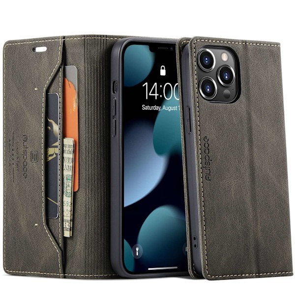 Etui til iPhone 14 6.1 Brun Flip Magnetisk Tegnebog med Kortholder
