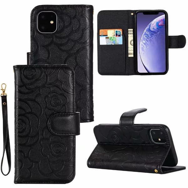 Etui til iPhone 13 sort Rose Præget Wallet med Kortholder Flip