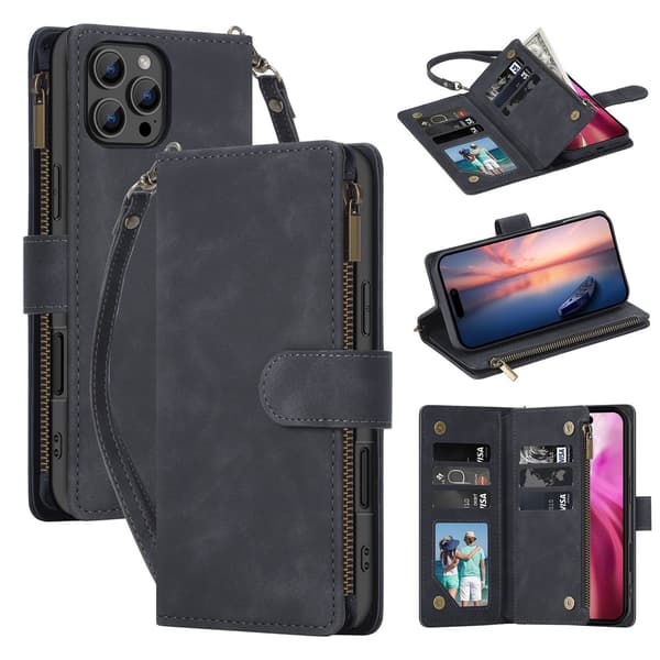 Etui til iPhone 14PLUS svart Soft-Touch multi-kort glidelåspose