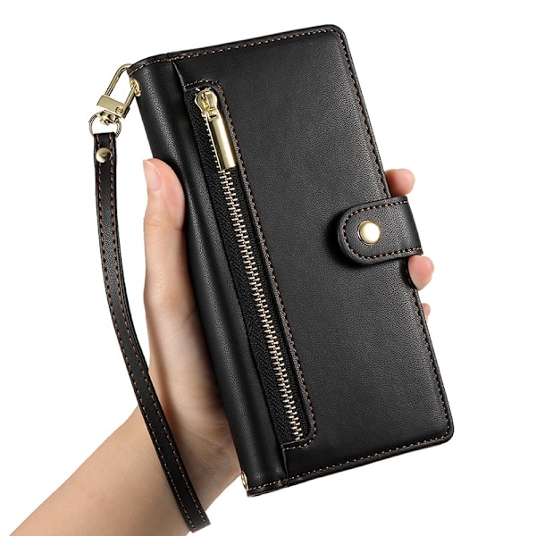 Etui til iPhone 16E/SE4 sort Nine-Card lynlåspung med kortholder flip