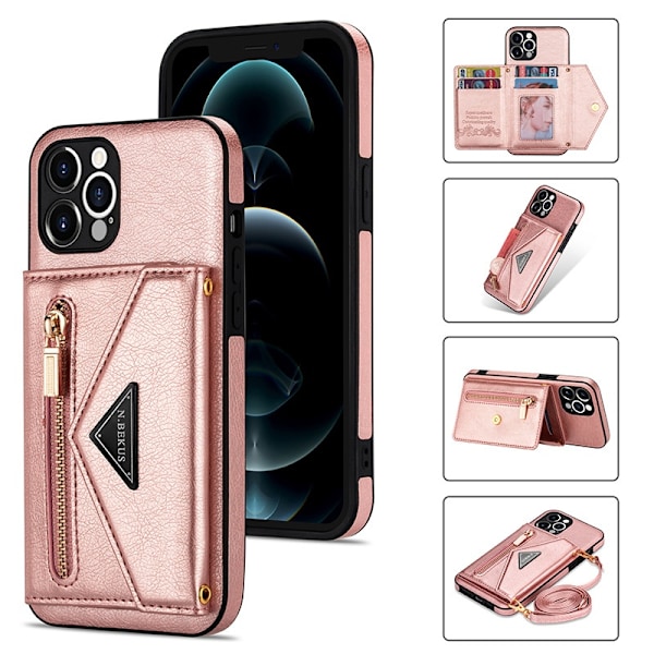 Fodral för iPhone 14PLUS rosa guld Plånboksfodral med korthållare