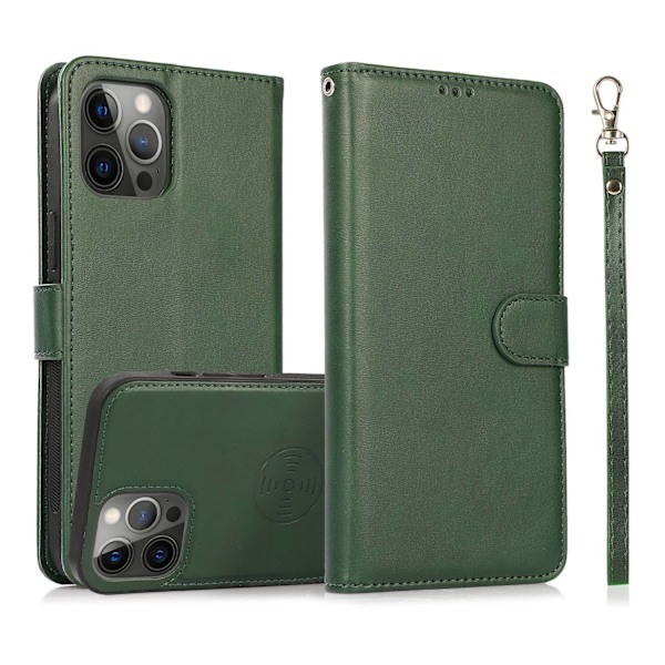 Etui til iPhone 16 plus Army Green Kalveskind 2-i-1 Tegnebog med Kortholder Flip