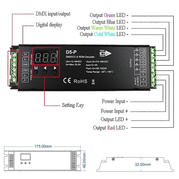 5-kanalsdekoder med RDM Digital Display Dimmer Driver PWM RGBCCT LED-kontroller LED-modul Lampa
