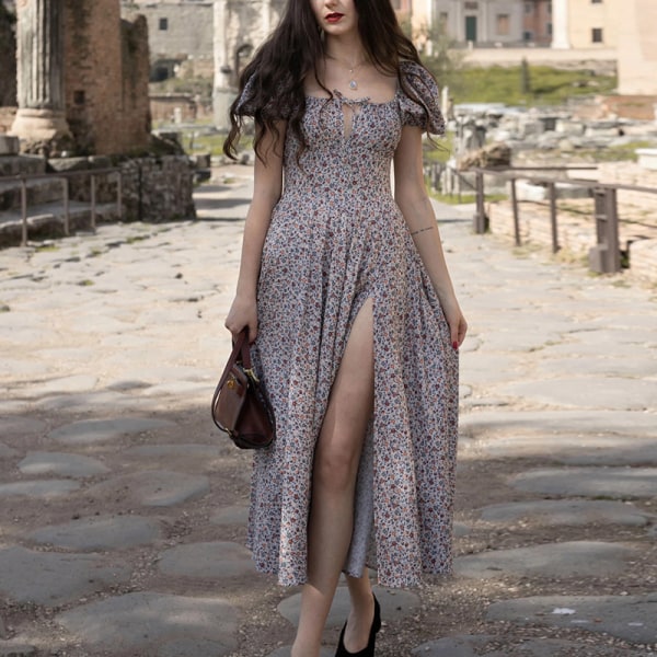 Kvinnors printed franska hipster stil blommig rygglös Slim Fit ärmlös delad klänning Gray M
