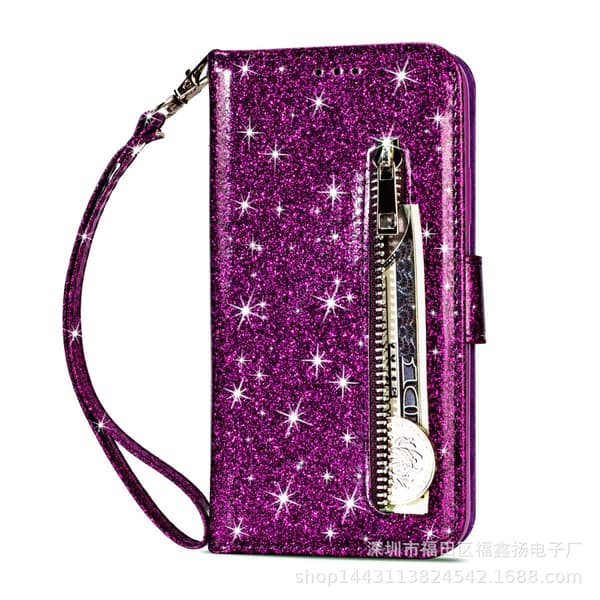 Etui til iPhone 14 Pro Max Lilla glitter lynlås pung med kortholder flip
