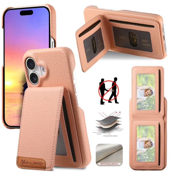 Etui til iPhone 14 Pro Max pink Pebbled Wallet med kortholder og stativ