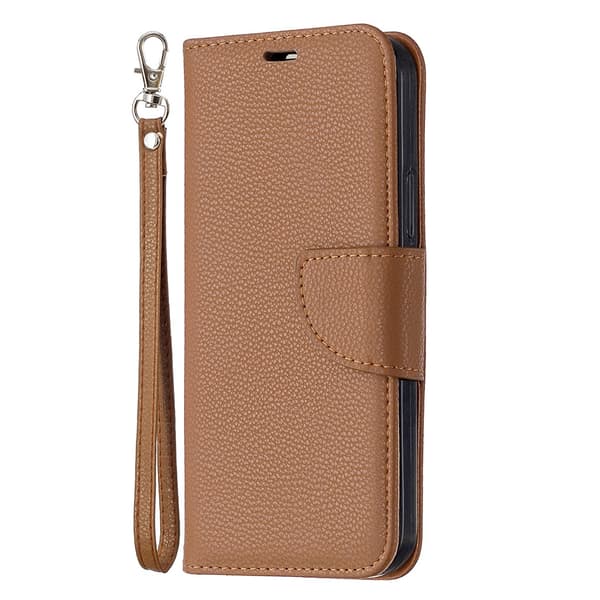Etui til iPhone 15 brun Pebbled Plain Flip Lommebok med Kortholder Stropp