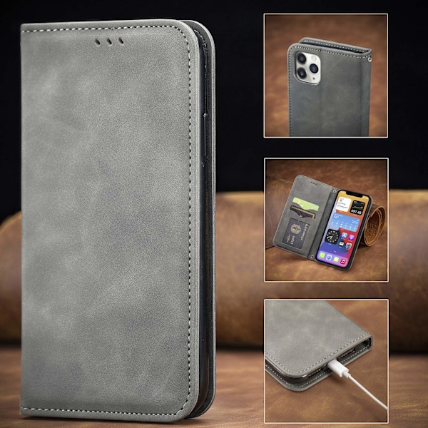 Etui til iPhone 14 grå Flip Wallet med kortholder magnetisk