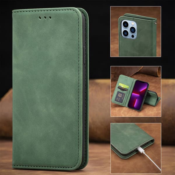 Etui til iPhone 14 grøn Flip Tilpasselig Multi-Model Wallet med Kortholder Slidstærk