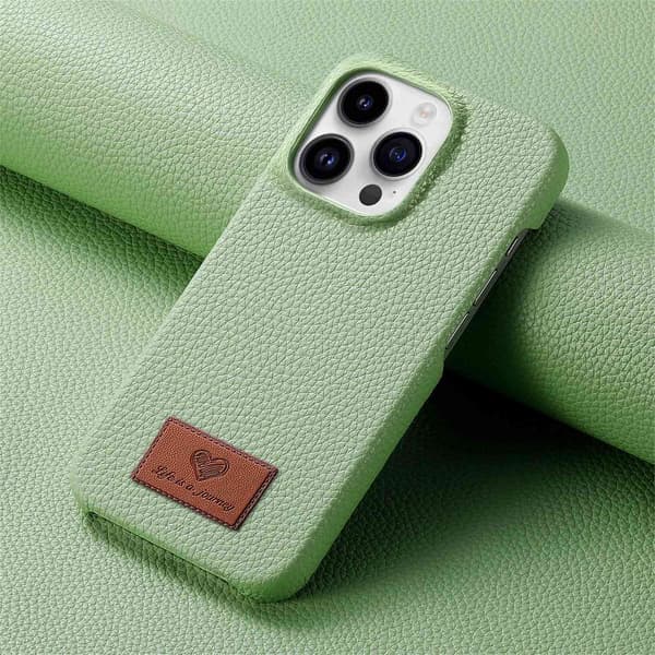 Etui til iPhone 16 Pro Max Matcha Grøn Læder halv pakke Pebbled lille klar hud
