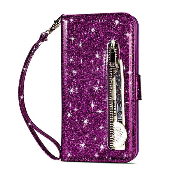 Etui til iPhone 15PRO Lilla glitterpung med lynlås og kortholder