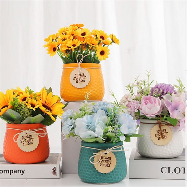 Anti-fade Kunstig Blomst Blomstrer Evigt Plastik Fake Blomst med Blomsterpotte til Hjemmet Orange