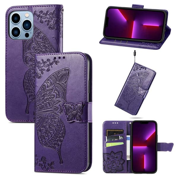 Etui til iPhone 16 Pro Max Mørkelilla Flip 3D Præget læder