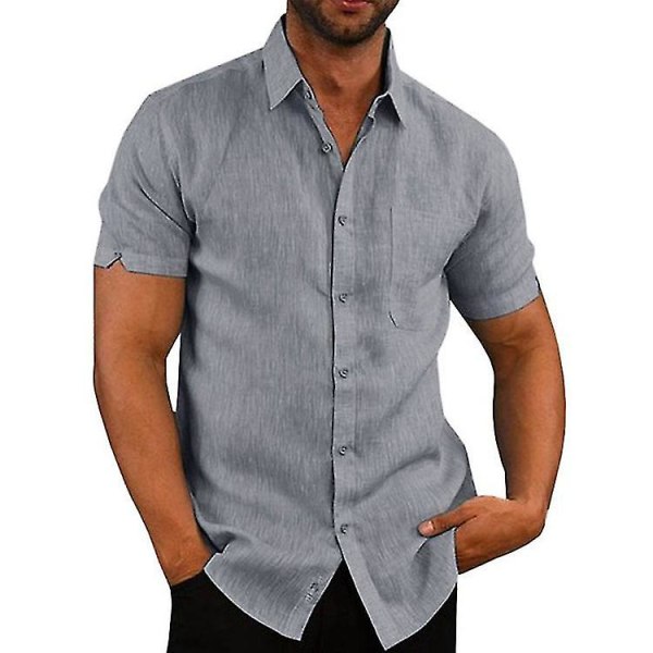 Ny 100 % bomullslinne kortärmad herrskjorta T-shirt sommar enfärgad kavaj Casual Beach Style grey 3XL
