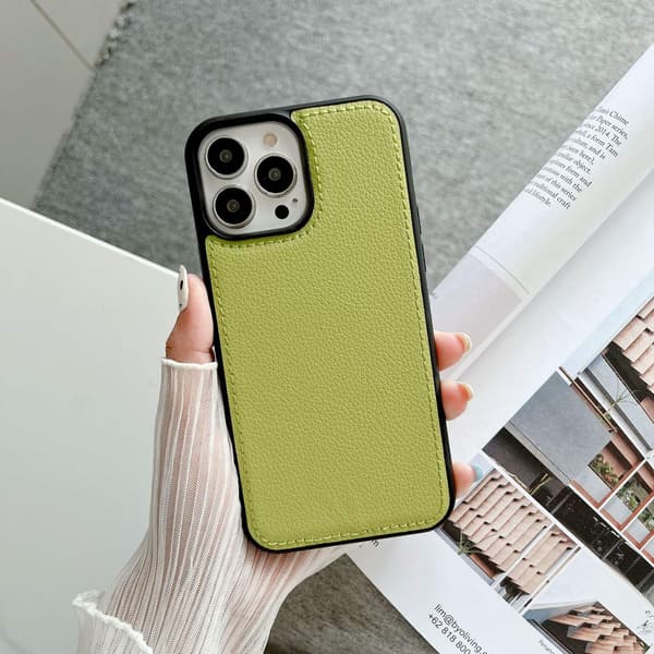 Etui til iPhone 15 Pro Lychee mønster 2 i 1 syning gul grøn klassisk Pebbled læder tekstur par Full-Body