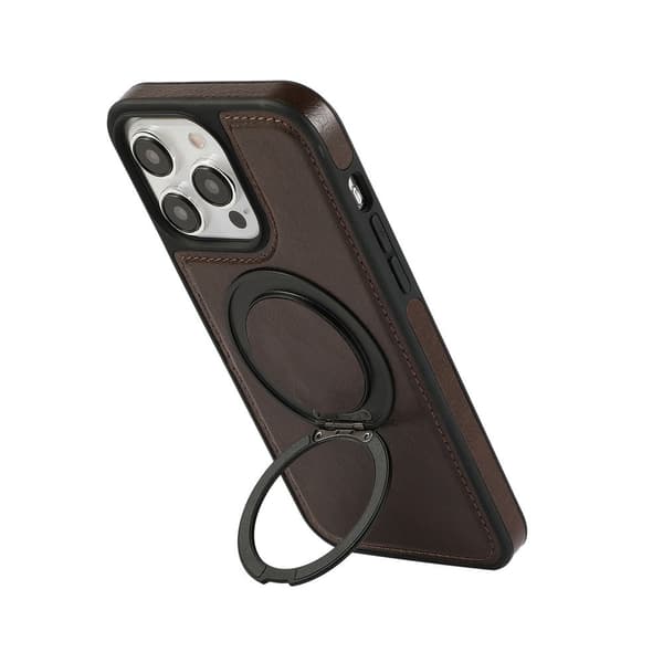 Etui til iPhone 15 Mørkebrun Egnet for magnetisk lading roterende stativ lær business