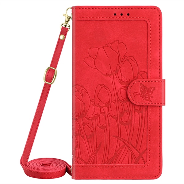 Etui til iPhone 13ProMax Rød-Tulipan Sommerfugl Læder Etui + Kort Reb i Samme Stil + Lang Snøre 3D Præget Tulipan Flip Lang Rem