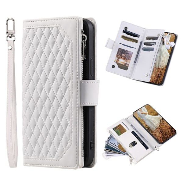 Etui til iPhone 14 Hvid (med kort snor) indvendig lynlås Wallet med kortholder
