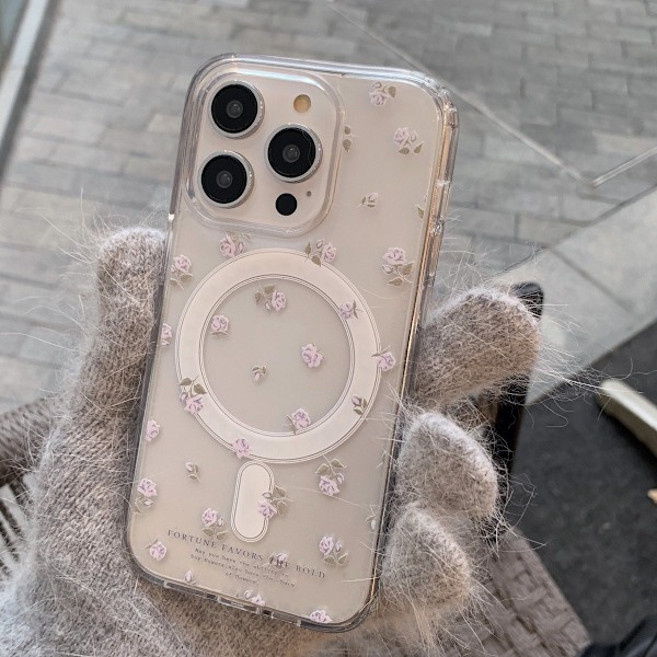 Kotelo iPhone 14 Plus -puhelimelle, magneettinen puhelinkotelo, pieni läpinäkyvä kukka-aiheinen magneettinen nahkainen korttipidike