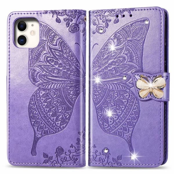 Etui til iPhone 14 Pro Lys lilla Diamant 3D Præget Sommerfugl Blomster Disc
