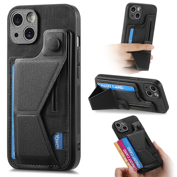 Etui til iPhone 16 Plus sort Multi-vinkel slide stand læderpung med kortholder læder