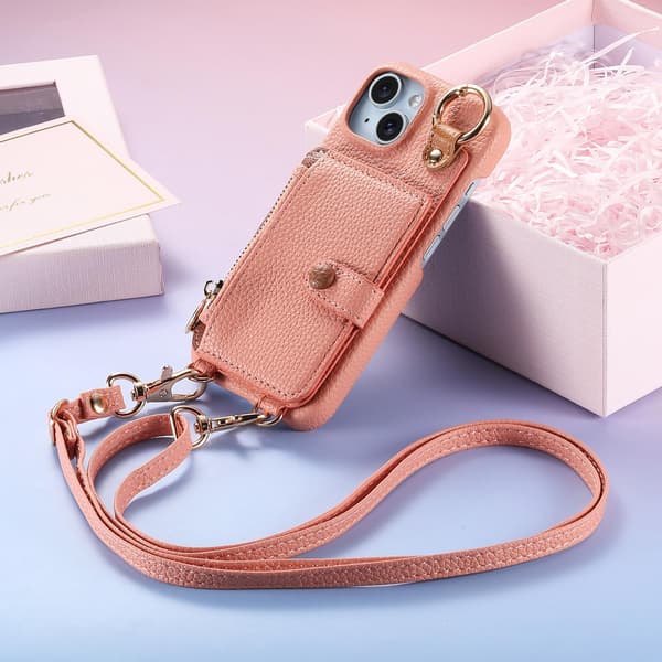 Fodral för iPhone 15 rosa läder sminkspegel lång rem plånbok med korthållare