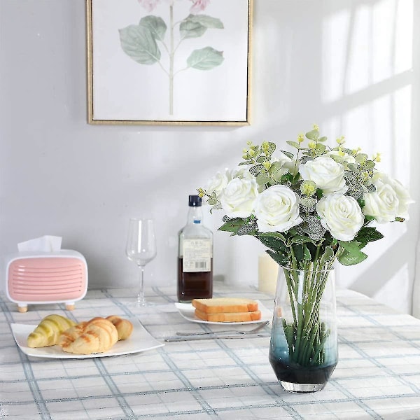 Kunstige Silke Rose Blomster Enkelt Stilk Realistisk Falsk Rose For Bryllupsbukett Blomst, 10stk (blå) white