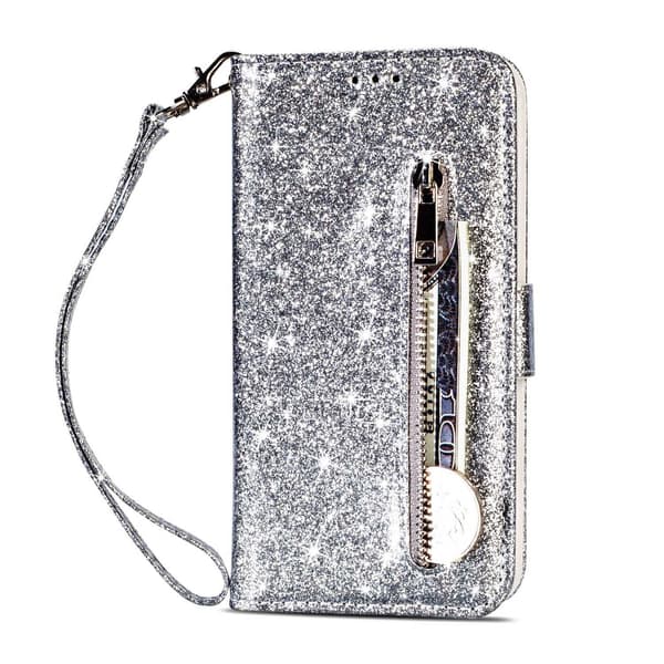 Etui til iPhone 16pro sølvglidelås glitterlommebok med kortholder