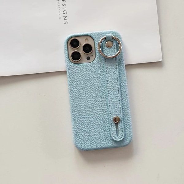 Etui til iPhone 15 Pro, himmelblå, med tekstureret håndledsring og stativ
