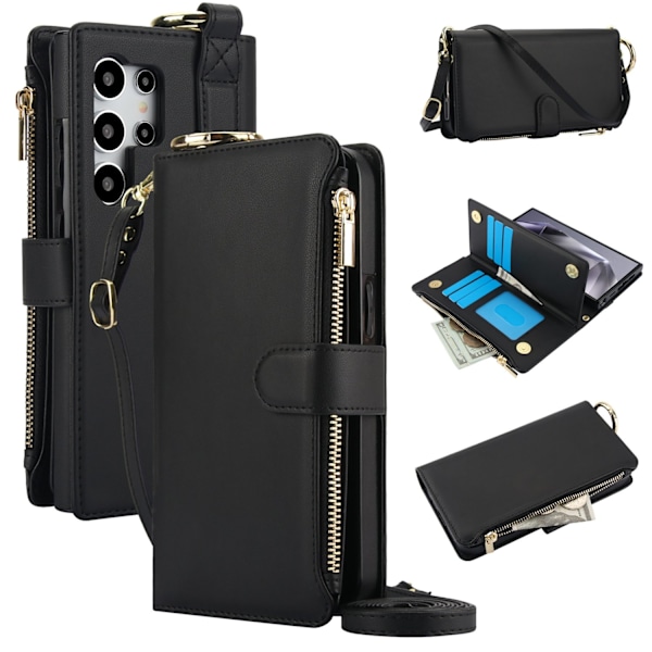 Etui til iPhone 14 Pro Max sort Ring lynlås Crossbody Wallet med kortholder til flere kort