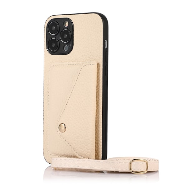 Fodral för iPhone 14 / 6,1 tum Beige-litchi korthållare + snodd Enfärgat Pebbled Plånboksfodral med Korthållare PU Läder