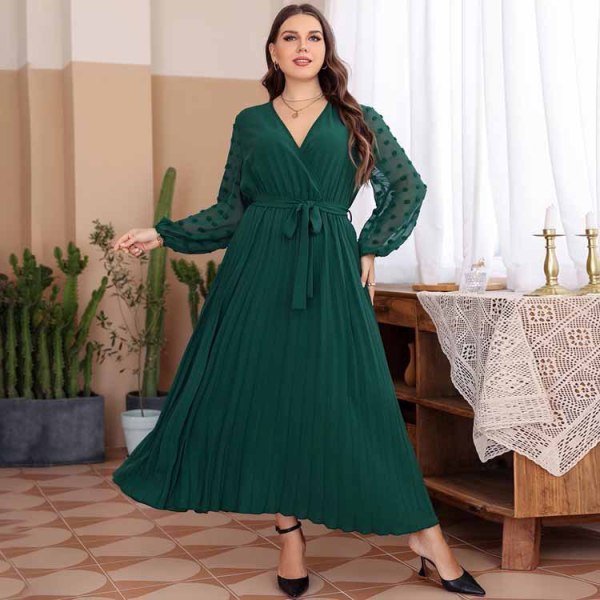 Mellanöstern plus storlek Enfärgad klänning med elastisk midja Dark green XXL