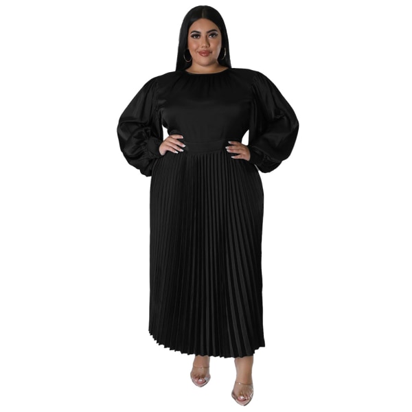 Plisserad rundhalsad långklänning med lång ärm Black 5XL