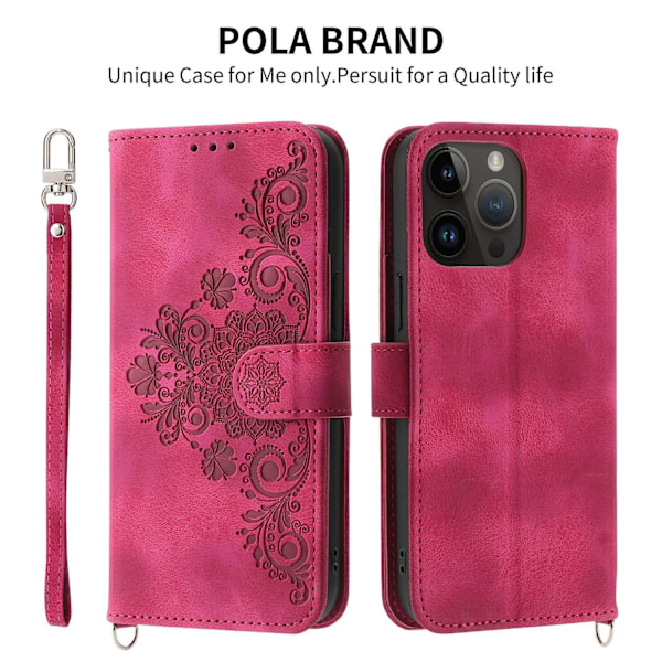 Etui til iPhone 14 6.1 Burgundy + armbånd Soft-Touch Crossbody Kortholder 3D Præget Magnetisk Tegnebog med Kortholder