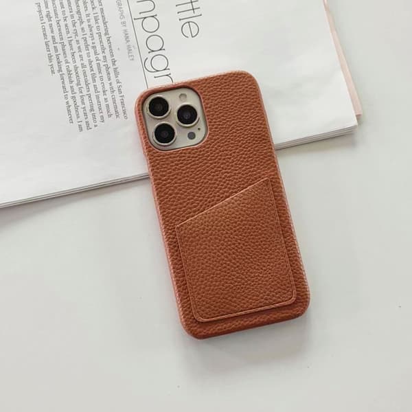 Etui til iPhone 14promax brun Pebbled Wallet med kortholder klassisk half pack