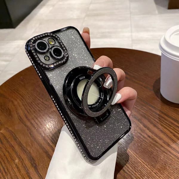 Fodral för iPhone 16 Pro Glitter Rhinestone Accent Magnetiskt Stativ Design Noz28172