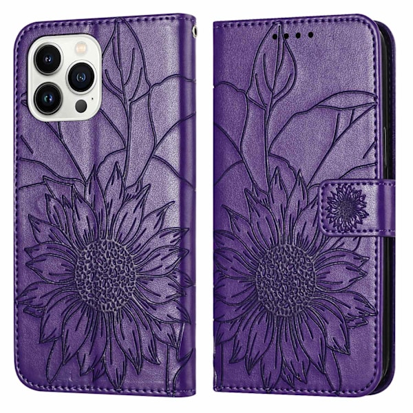Kotelo iPhone 14 Plus -puhelimelle, tumman violetti 3D-kohokuvioitu auringonkukkaro lompakko korttipidikkeellä