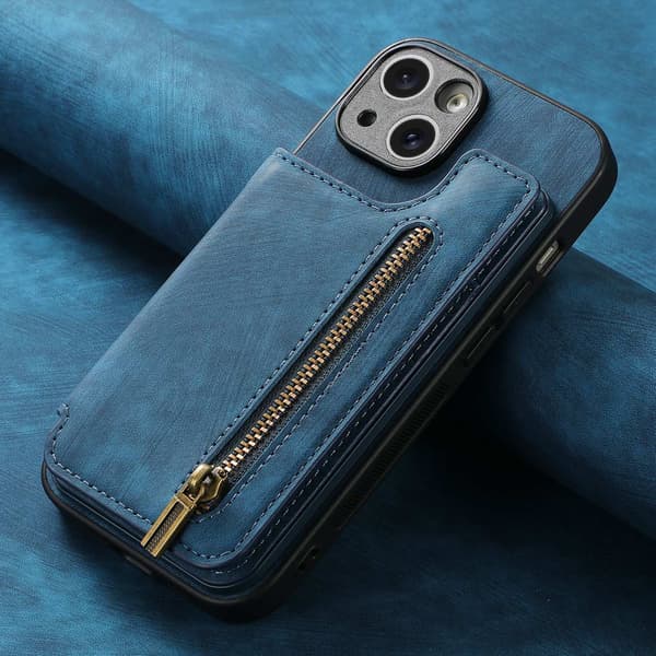 Etui til iPhone 13 Pro Max Azure Almindeligt læder stativ Wallet med kortholder