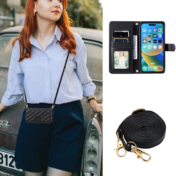 Kotelo iPhone 16:lle Musta + Crossbody-kaulanauha ins crossbody timantti Lompakko korttipidikkeellä