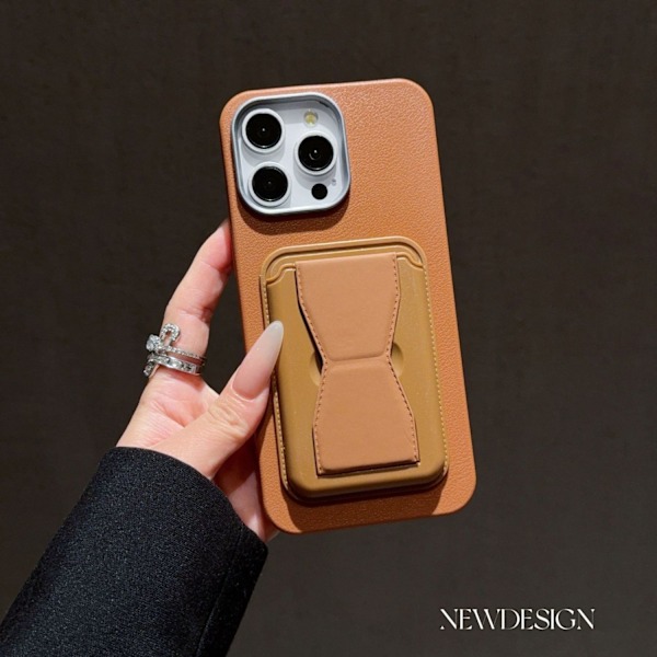 Etui til iPhone 15promax Almindeligt læder brun + brun kortholder læderkorn læder bagside clip stand