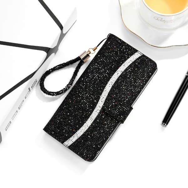 Etui til iPhone 14 Plus sort Glitter Flip Diamond Wallet med kortholder