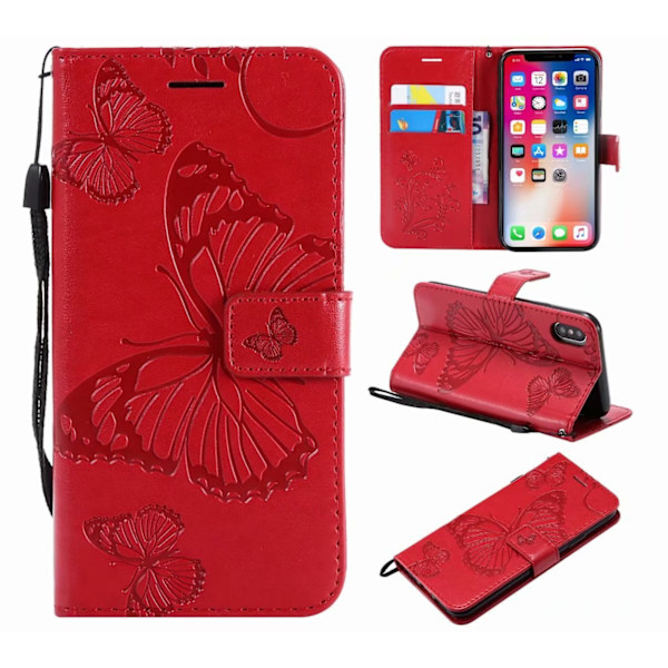 Etui til iPhone 14 Plus rød 3D Præget Sommerfugl Præget Tegnebog med Kortholder Flip