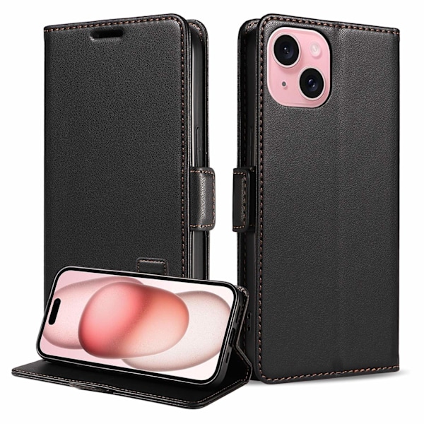 Etui til iPhone 16 plus sort Wallet med kortholder Flip