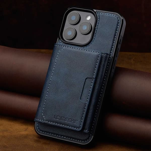 Etui til iPhone 16 Pro, blått, business, magnetisk kortholder, stativ, RFID-blokkering